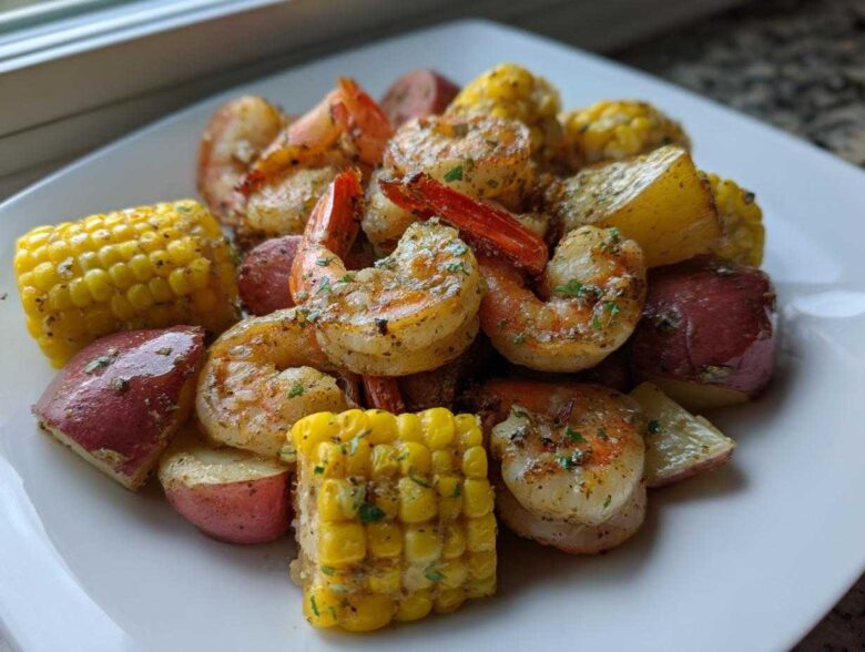 A close-up of a plated sheet pan shrimp boil featuring seasoned shrimp, corn on the cob pieces, and red potatoes.