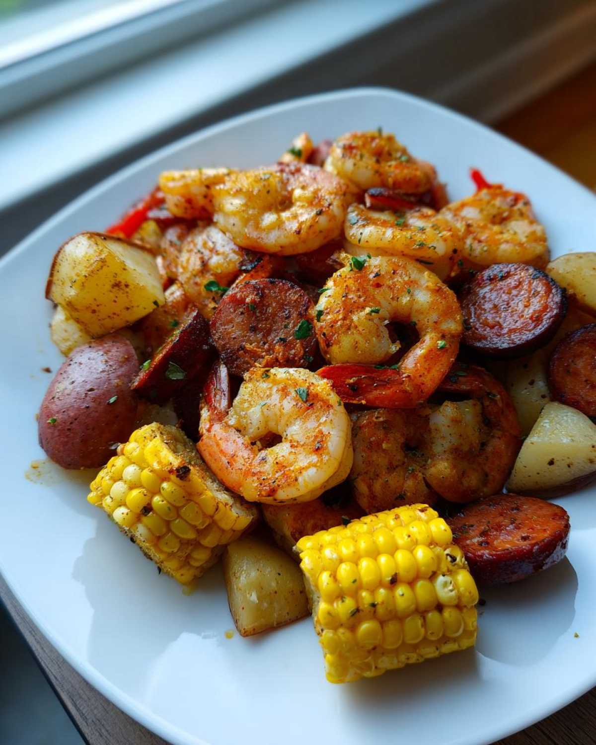 A serving of sheet pan shrimp boil featuring seasoned shrimp, sliced sausage, corn on the cob, and potatoes on a white plate.
