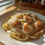 A close-up of a plate of fettuccine pasta covered in creamy sauce and topped with perfectly cooked shrimp alfredo.
