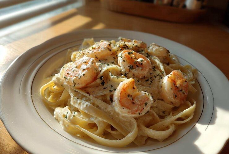 A close-up of a plate of fettuccine pasta covered in creamy sauce and topped with perfectly cooked shrimp alfredo.