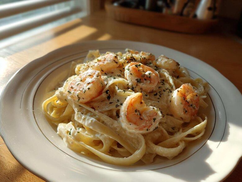 A close-up of a plate of fettuccine pasta covered in creamy sauce and topped with perfectly cooked shrimp alfredo.