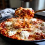 A wooden spoon lifts a cheesy, saucy portion of lazy lasagna from a black skillet, showing long cheese pulls.