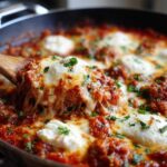 A wooden spoon scoops a cheesy, saucy portion of lazy lasagna from a skillet, showing melted mozzarella.