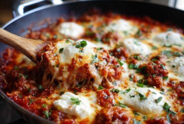 A wooden spoon scoops a cheesy, saucy portion of lazy lasagna from a skillet, showing melted mozzarella.