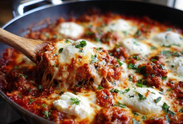 A wooden spoon scoops a cheesy, saucy portion of lazy lasagna from a skillet, showing melted mozzarella.