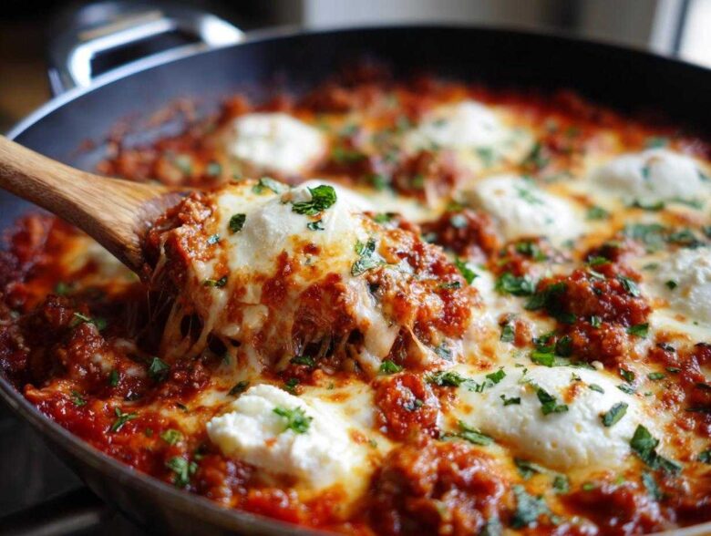 A wooden spoon scoops a cheesy, saucy portion of lazy lasagna from a skillet, showing melted mozzarella.