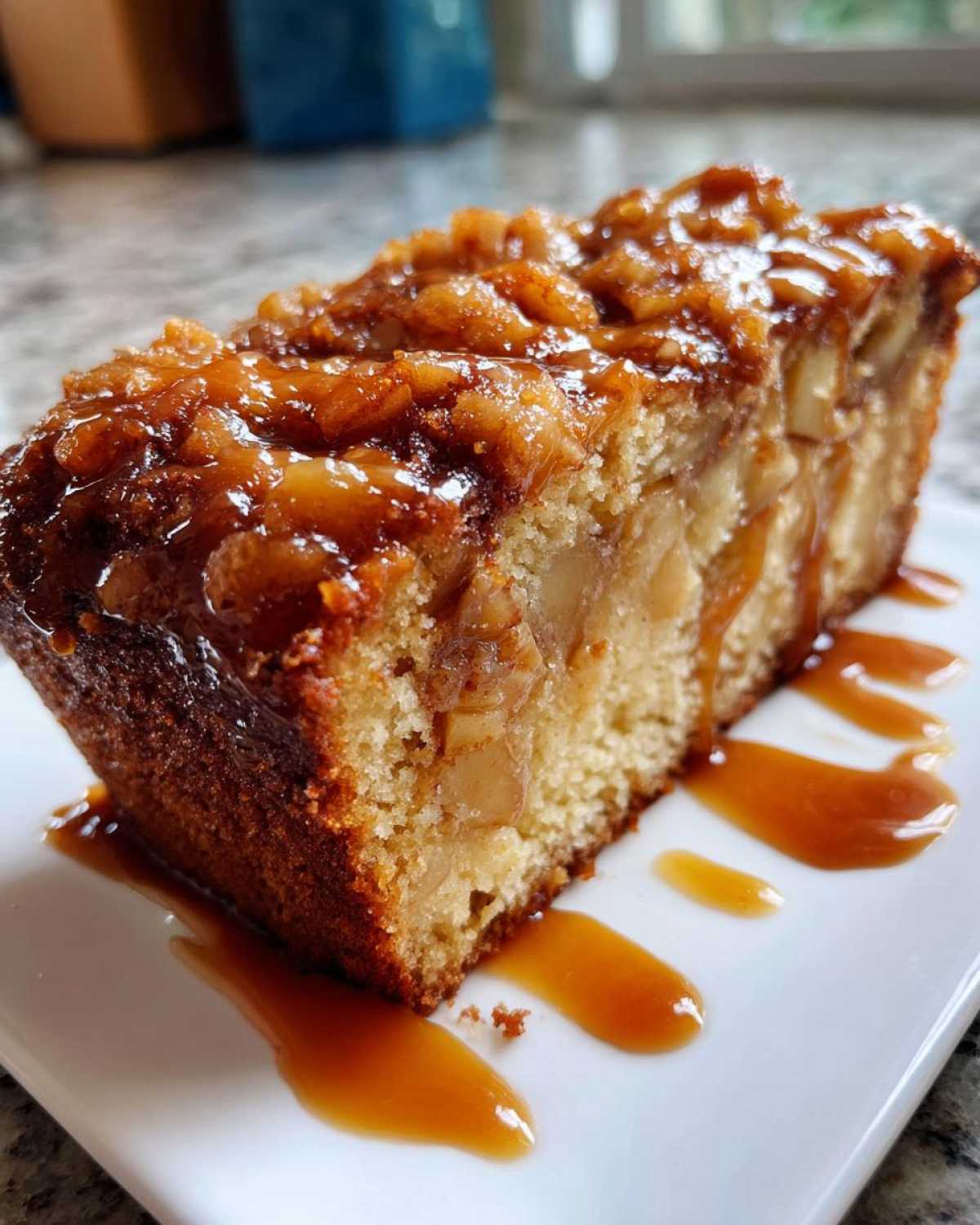 A close-up of a moist slice of apple dapple cake topped with caramelized apples and drizzled with caramel sauce.
