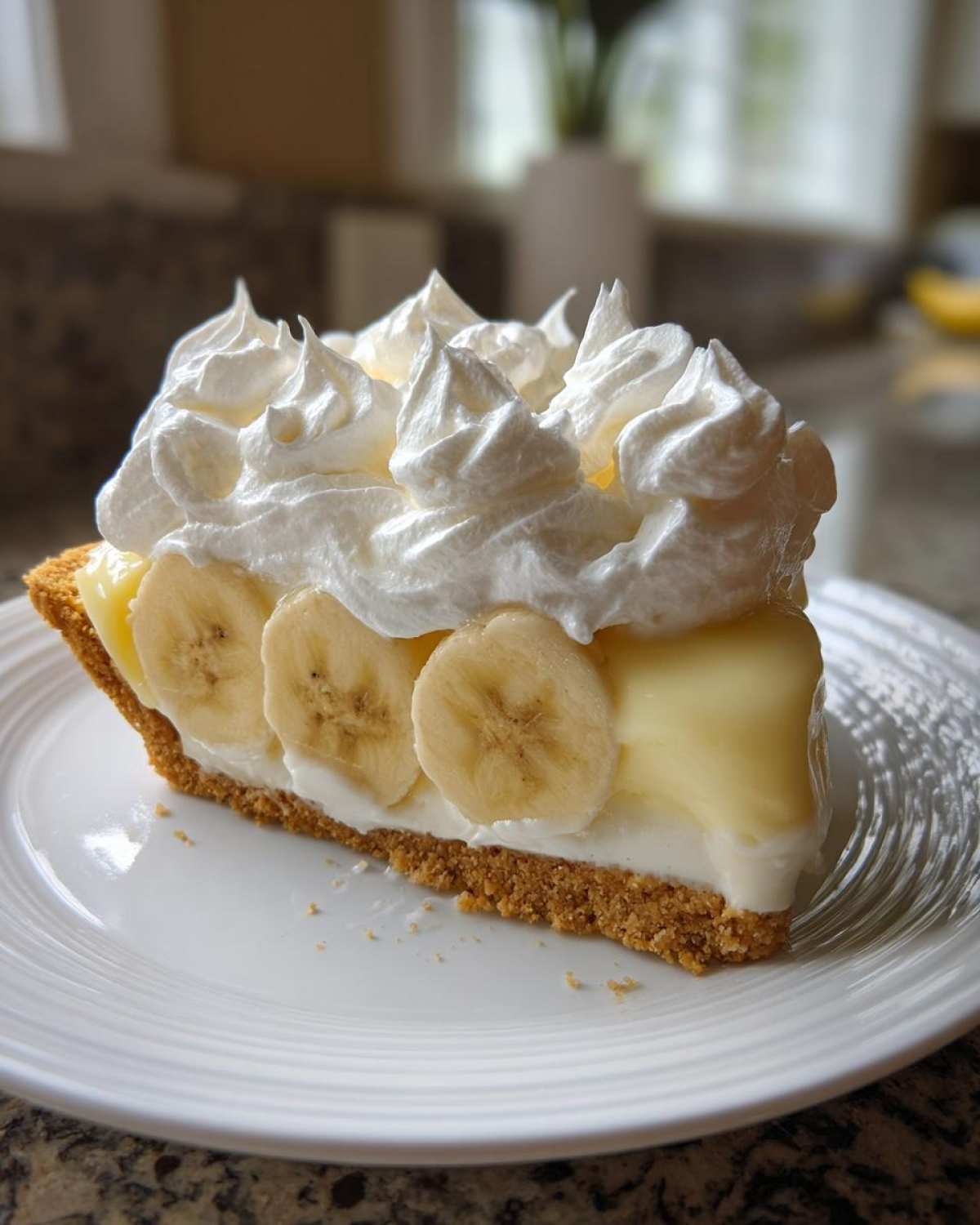 A perfect slice of banana cream pie recipe featuring a graham cracker crust, banana slices, vanilla custard, and whipped cream.