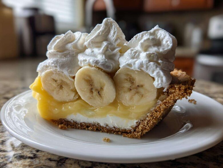 A decadent slice of banana cream pie recipe featuring a graham cracker crust, creamy filling, sliced bananas, and whipped cream.
