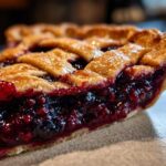 Close-up of a thick slice of blackberry pie showing juicy filling and golden lattice crust.