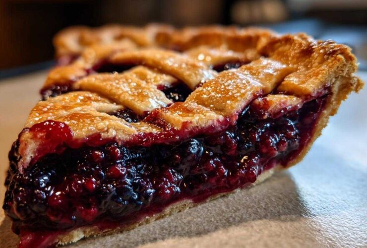 Close-up of a thick slice of blackberry pie showing juicy filling and golden lattice crust.