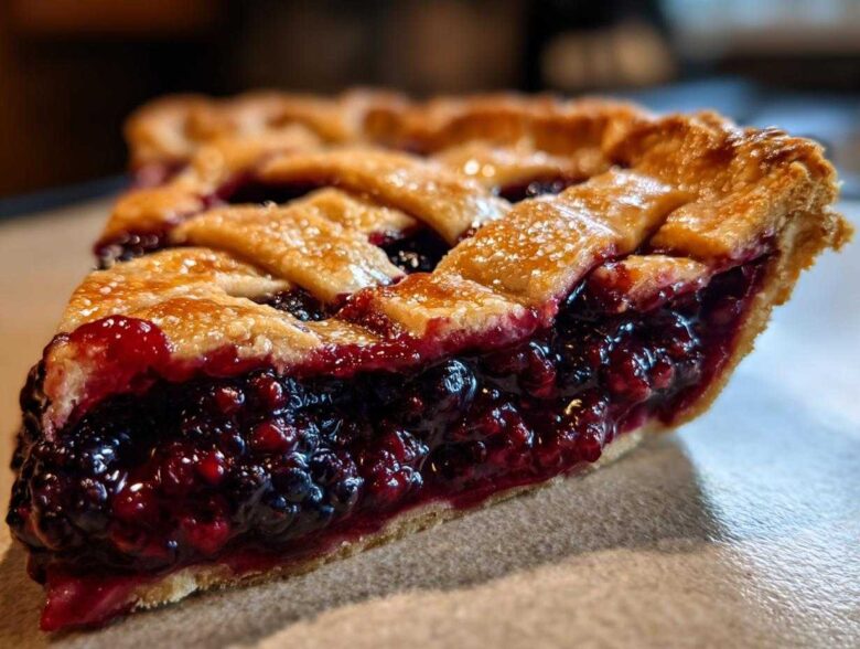 Close-up of a thick slice of blackberry pie showing juicy filling and golden lattice crust.