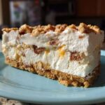 A thick slice of no-bake christmas tree cheesecake with a graham cracker crust and crunchy nut topping.