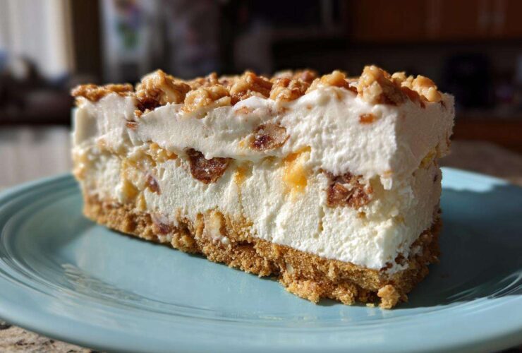 A thick slice of no-bake christmas tree cheesecake with a graham cracker crust and crunchy nut topping.