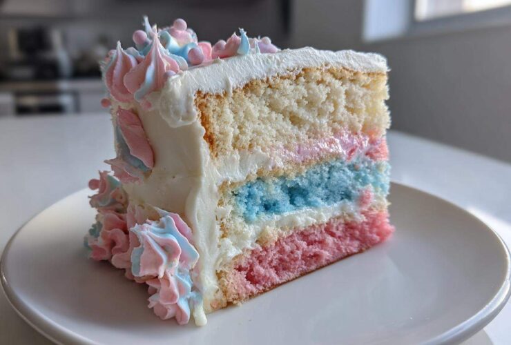 A slice of multi-layered cotton candy cake showing pink, blue, and white sponge layers with white frosting and pastel swirls.