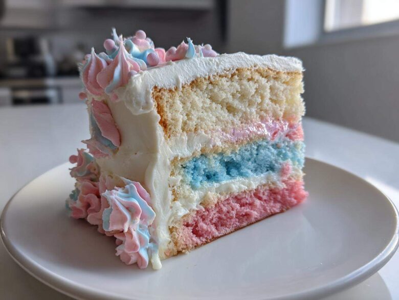 A slice of multi-layered cotton candy cake showing pink, blue, and white sponge layers with white frosting and pastel swirls.