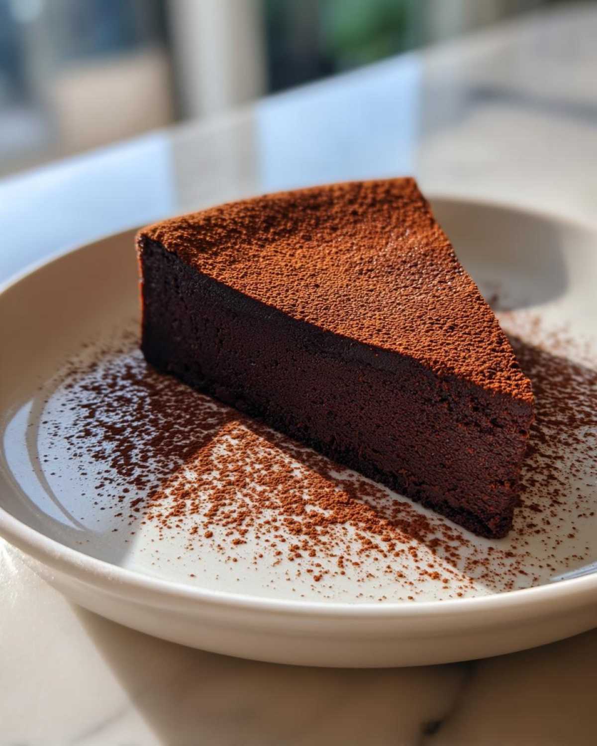 A dense, dark slice of flourless chocolate torte dusted heavily with cocoa powder on a white plate.