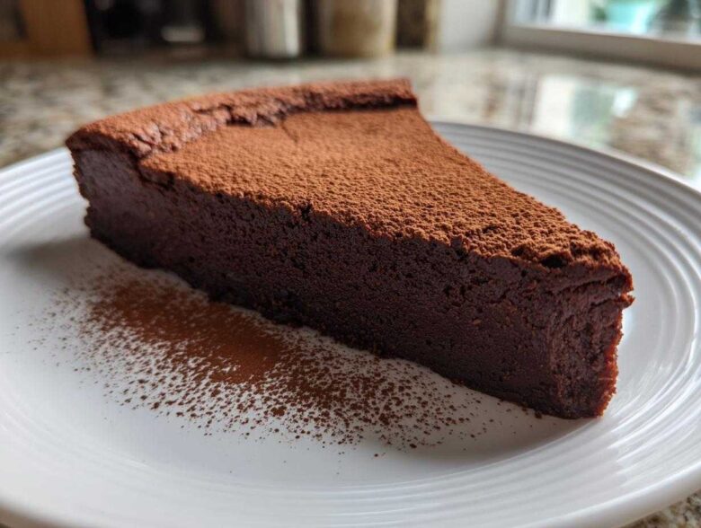 A thick slice of dark, dense flourless chocolate torte dusted heavily with cocoa powder on a white plate.