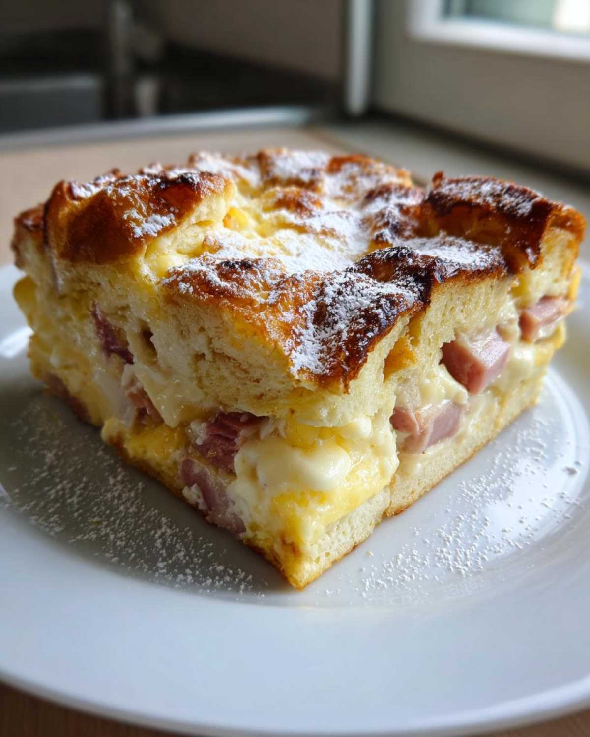A square slice of Monte Cristo breakfast casserole featuring layers of bread, ham, and melted cheese, dusted with powdered sugar.