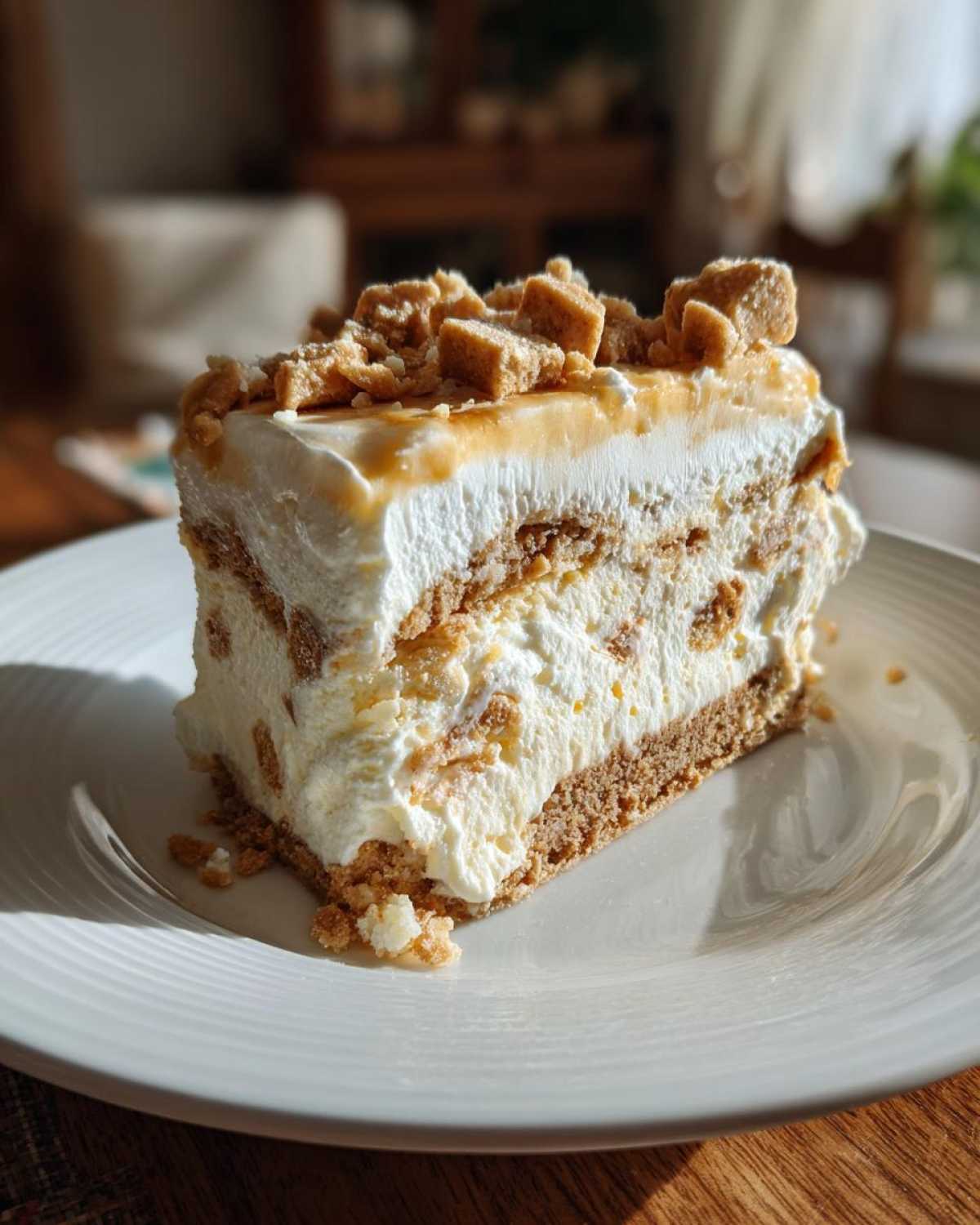 A close-up slice of creamy christmas tree cheesecake with a graham cracker crust and caramel topping.