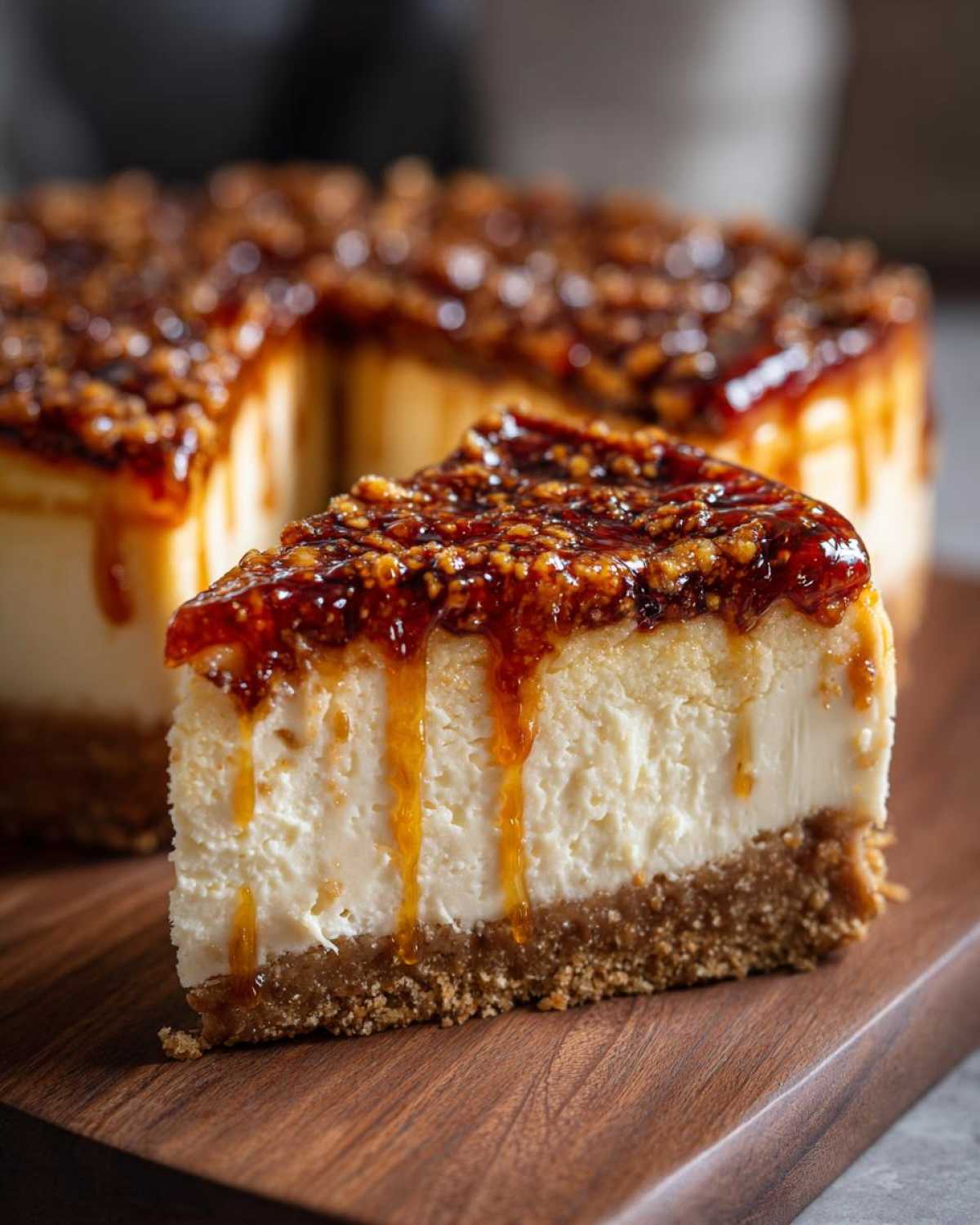 A rich slice of creme brulee cheesecake with a graham cracker crust and dripping caramel topping.
