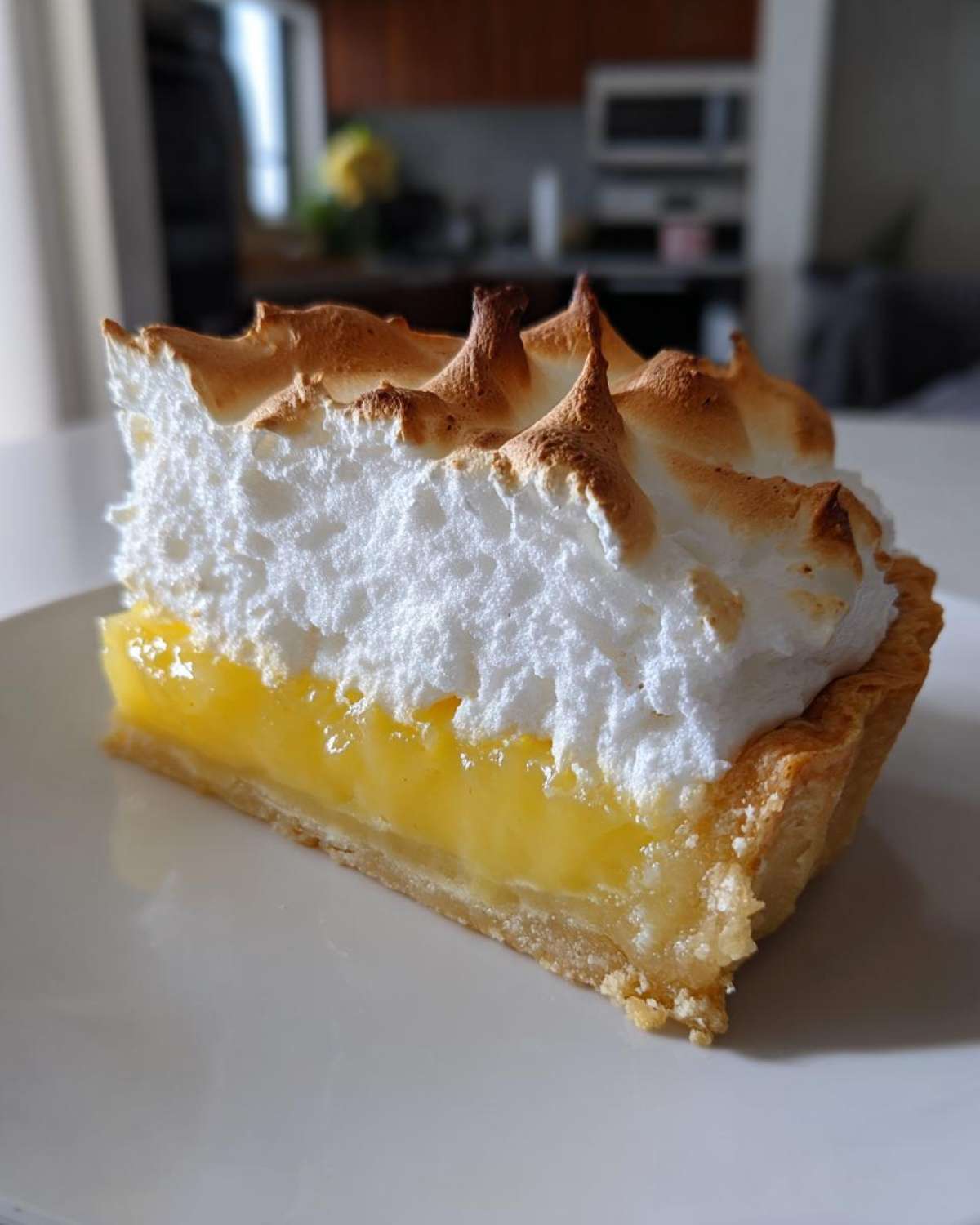 A close-up slice of lemon meringue pie showing a thick, toasted meringue topping over bright yellow lemon curd.