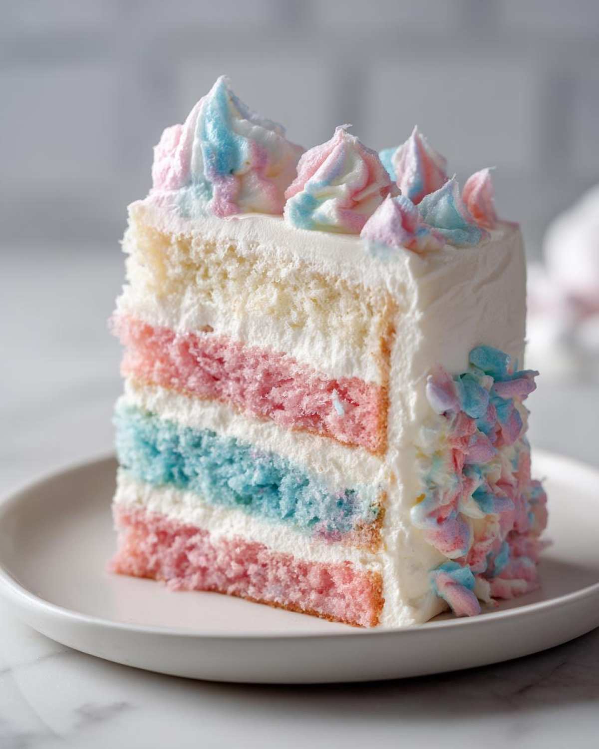 A tall slice of cotton candy cake featuring layers of pink, blue, and white sponge with white frosting and pastel swirls.