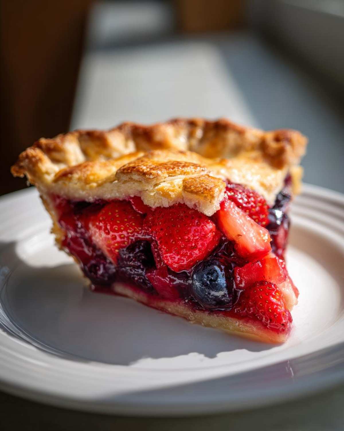 A close-up of a juicy slice of triple berry pie showing strawberries and blueberries in a glistening filling.
