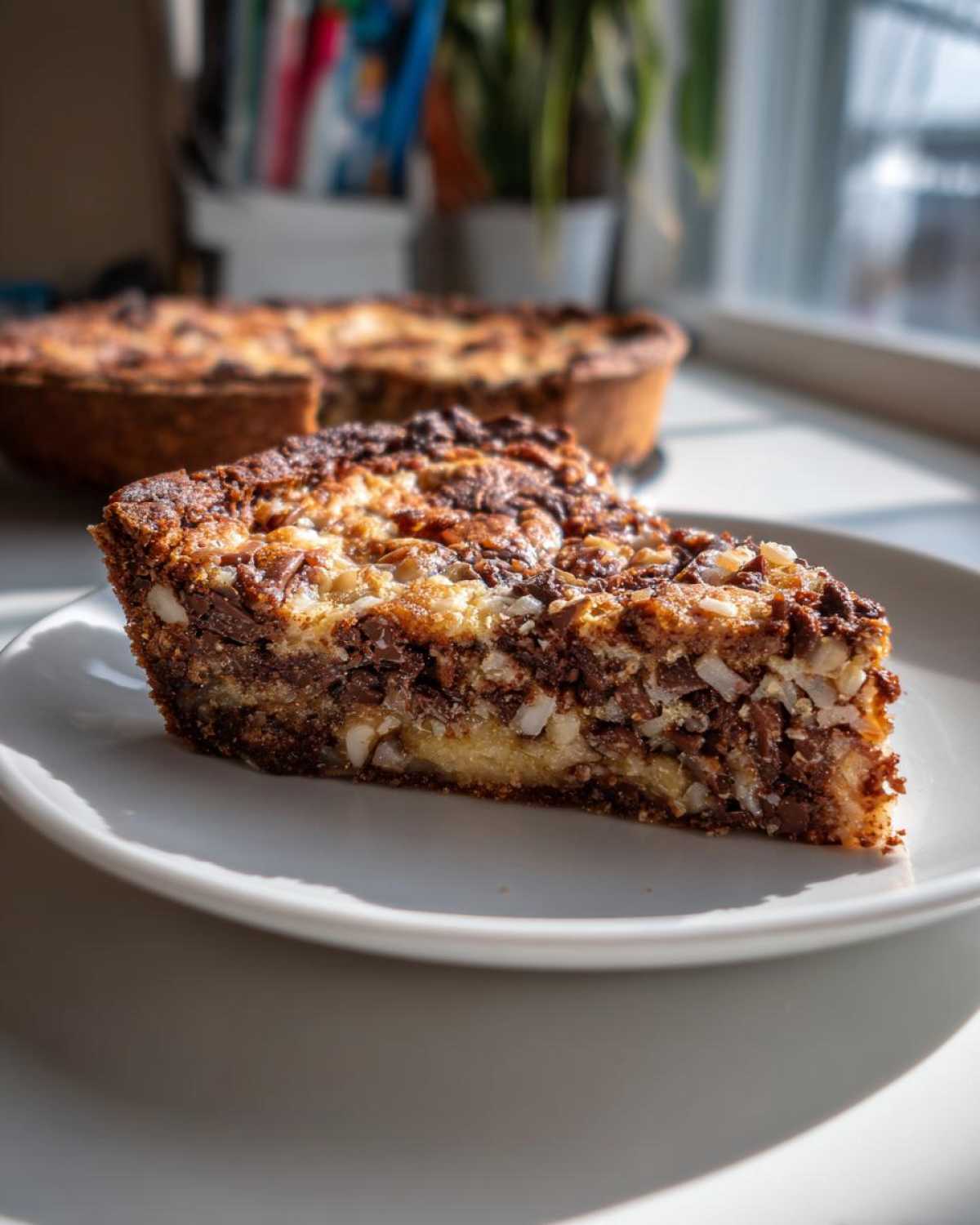 A close-up slice of rich texas trash pie showing chocolate, coconut, and a creamy base on a white plate.