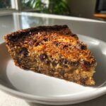 A close-up slice of rich texas trash pie featuring a toasted coconut and pecan topping on a white plate.