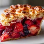 Close-up of a juicy slice of triple berry pie showing flaky crust and vibrant mixed berries.