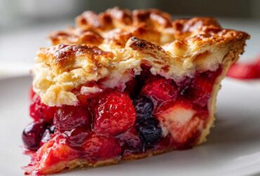 Close-up of a juicy slice of triple berry pie showing flaky crust and vibrant mixed berries.