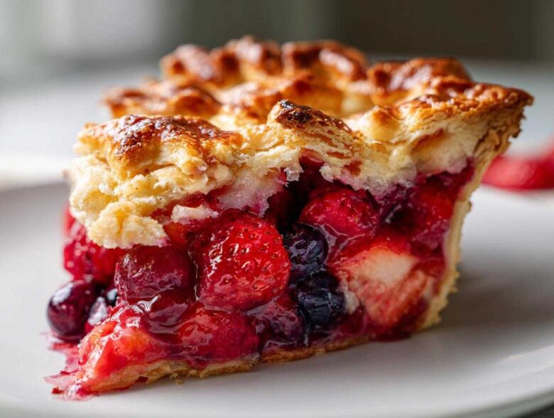 Close-up of a juicy slice of triple berry pie showing flaky crust and vibrant mixed berries.