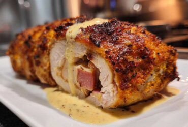 A close-up view of sliced chicken cordon bleu, showing ham and cheese filling, topped with a creamy sauce.