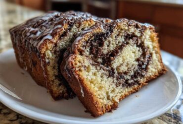 Two slices of moist chocolate babka bread, featuring a rich swirl of chocolate filling and topped with a white vanilla glaze.