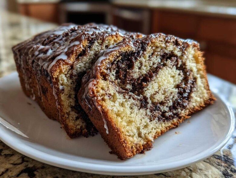 Two slices of moist chocolate babka bread, featuring a rich swirl of chocolate filling and topped with a white vanilla glaze.