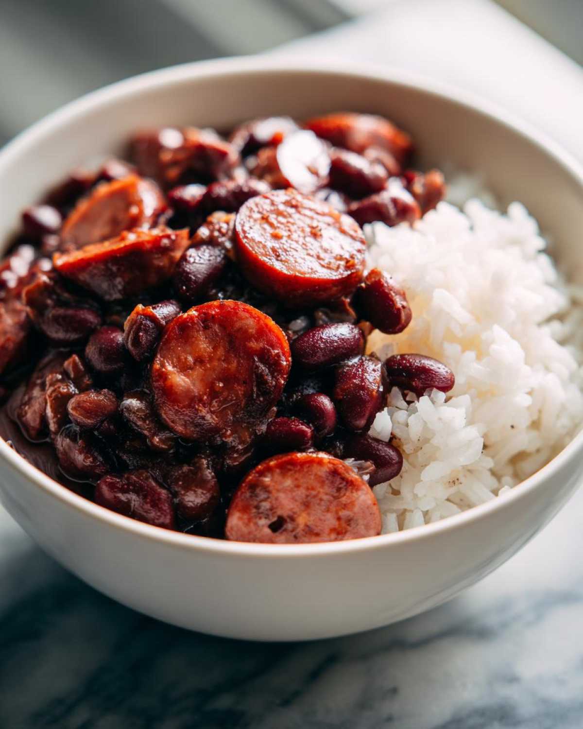 Close-up of a white bowl filled with slow cooker red beans and rice topped with slices of smoked sausage.