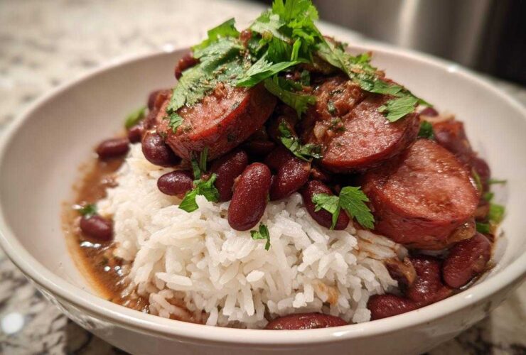 A close-up of a bowl filled with white rice, topped with red beans, sliced sausage, and fresh parsley for slow cooker red beans and rice.