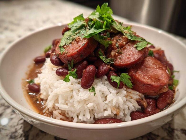 A close-up of a bowl filled with white rice, topped with red beans, sliced sausage, and fresh parsley for slow cooker red beans and rice.