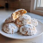 A stack of soft, powdered sugar-dusted cool whip cookies on a white plate, one cookie is broken open showing the texture.