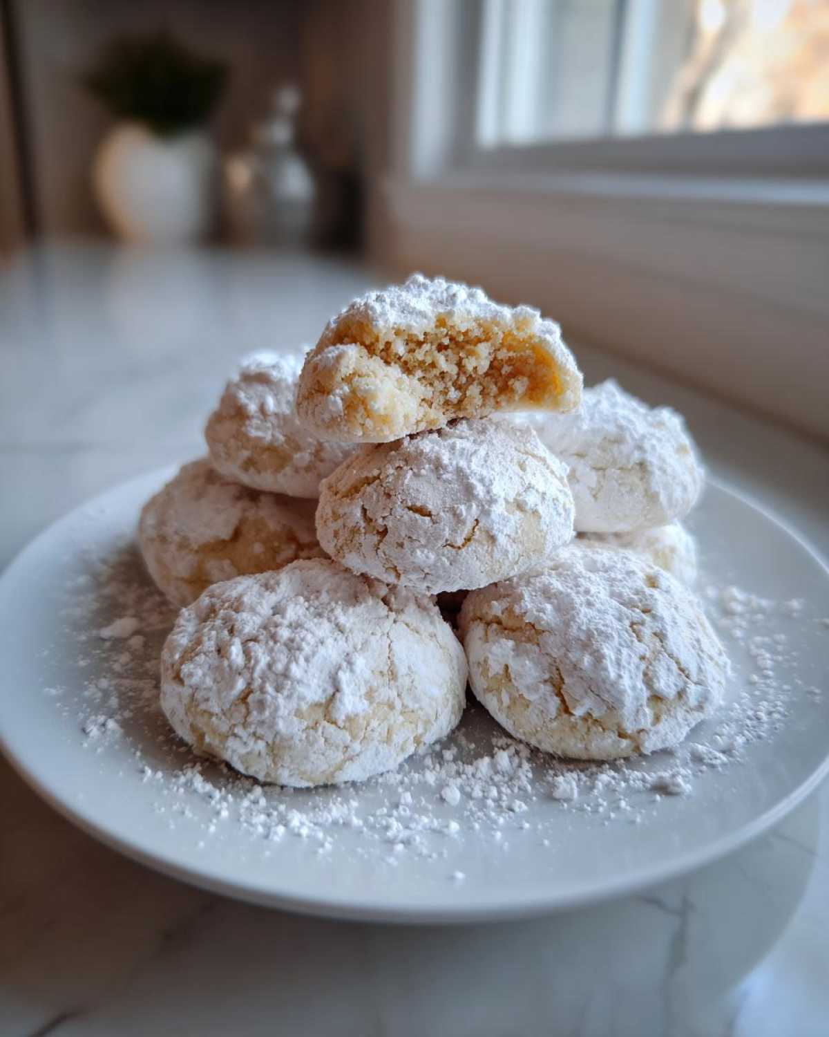 A stack of soft, powdered sugar-dusted Cool Whip Cookies on a white plate, one cookie broken open showing the texture.