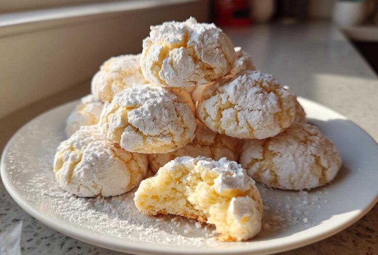 A pile of soft, crinkle-topped cool whip cookies heavily dusted with powdered sugar on a white plate.