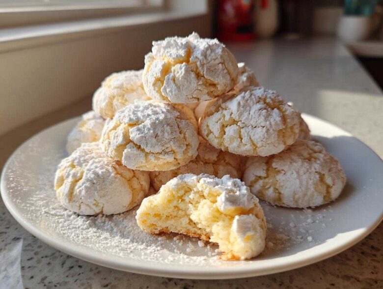 A pile of soft, crinkle-topped cool whip cookies heavily dusted with powdered sugar on a white plate.