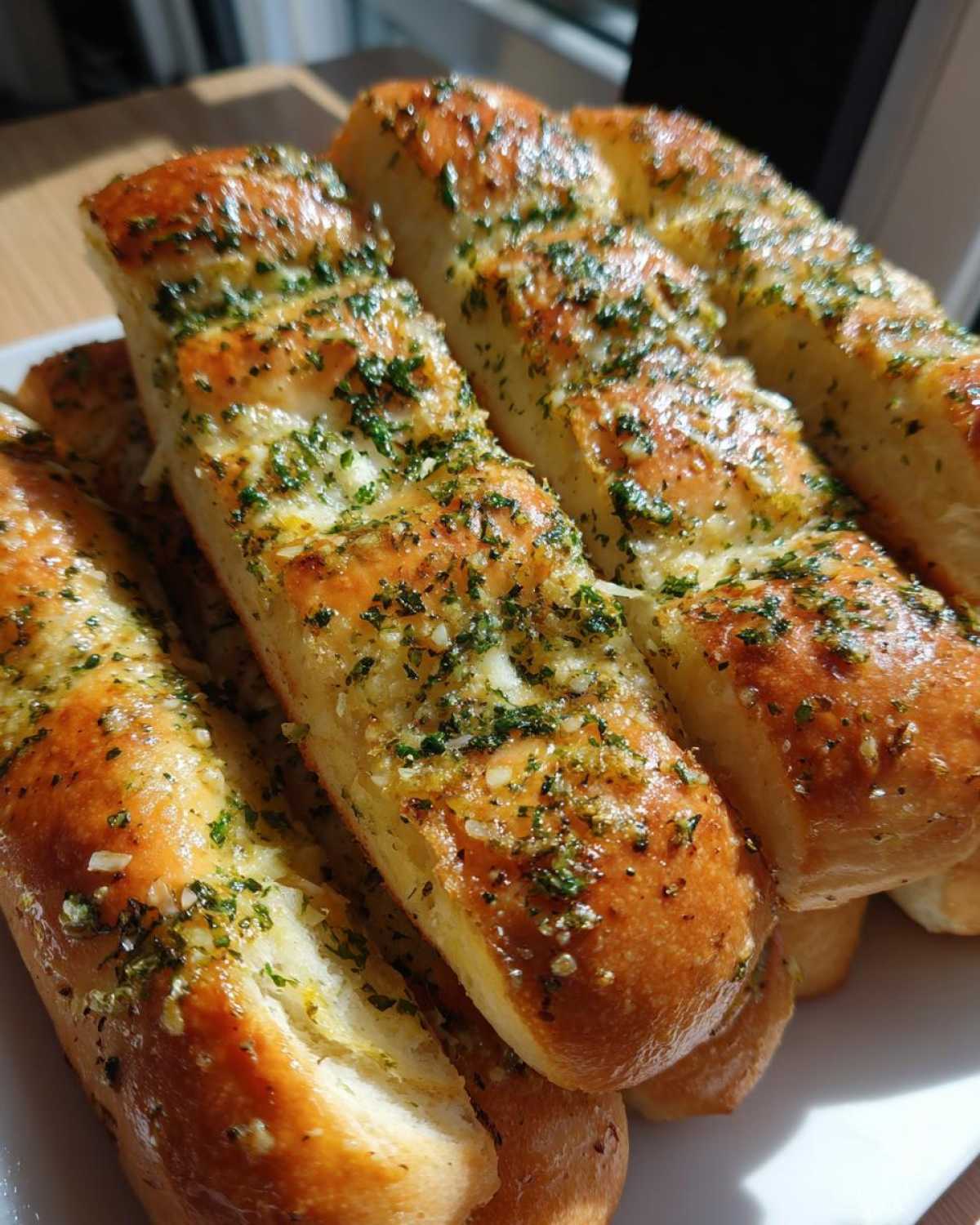 Close-up of soft, golden brown breadsticks brushed with garlic butter and sprinkled with parsley.