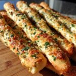 Close-up of several soft, golden brown breadsticks topped with melted cheese, garlic, and fresh parsley.