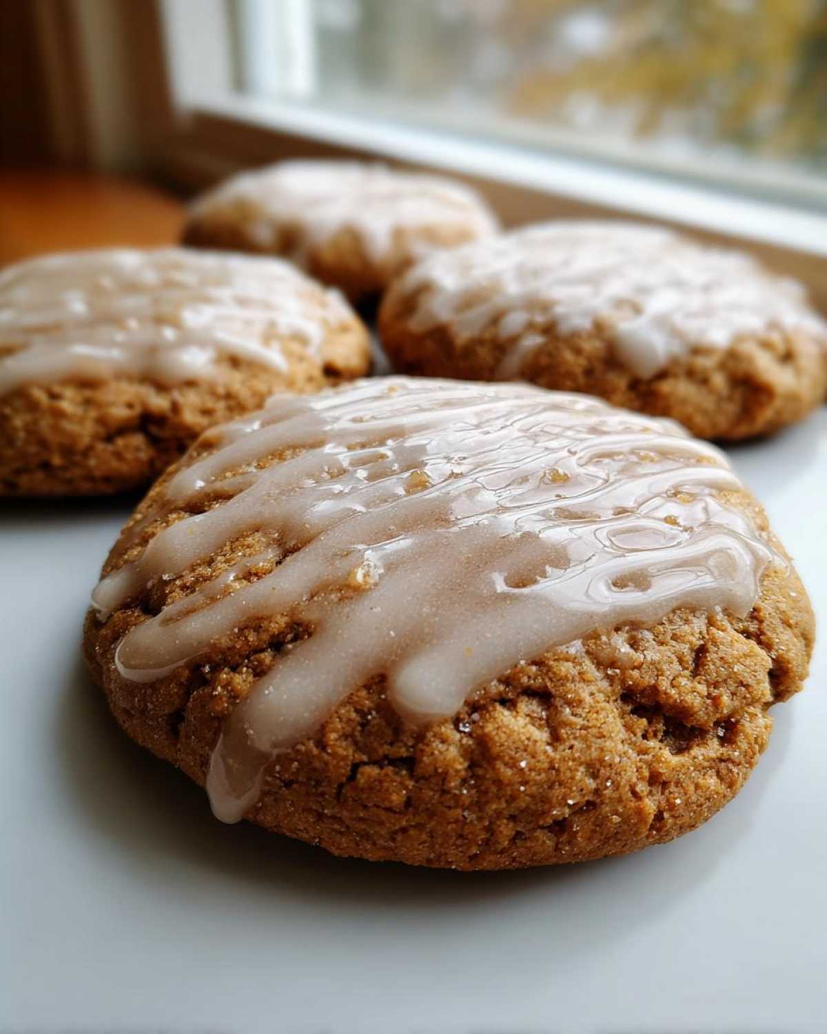 Close-up of soft maple cookies topped with a drizzled, slightly opaque glaze, set near a window.