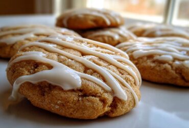 A close-up of several soft maple cookies topped with a zigzag drizzle of white icing, sitting on a white plate.