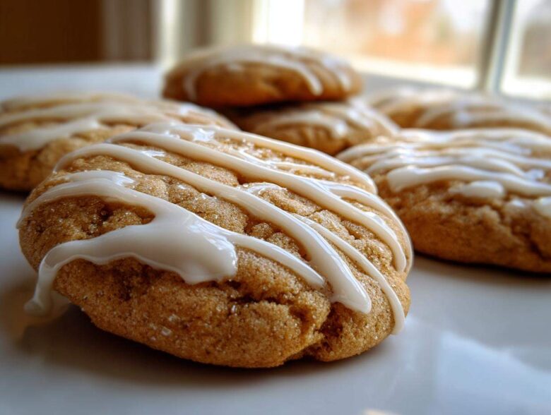 A close-up of several soft maple cookies topped with a zigzag drizzle of white icing, sitting on a white plate.
