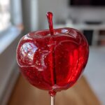 A perfectly coated, glossy red candy apple with gold glitter suspended in the hard shell.