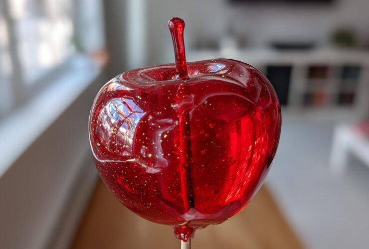 A perfectly coated, glossy red candy apple with gold glitter suspended in the hard shell.